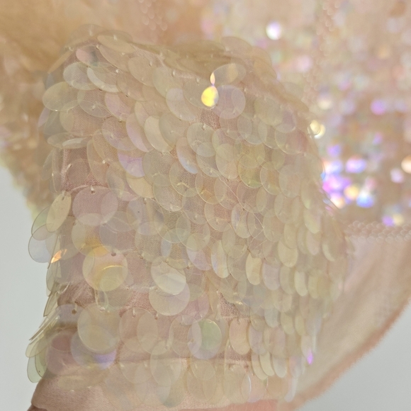 VTG Large Pink Ivory Full Sequin Glam Silk Evening Blouse 80s Beaded Iridescent‎ - Picture 5 of 16